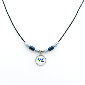 custom walled lake marching band pendant necklace with navy and light blue ceramic tube beads and stainless steel spacers