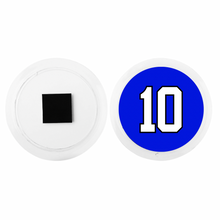 personalized acrylic photo magnet with sports number 10 in white and royal blue background