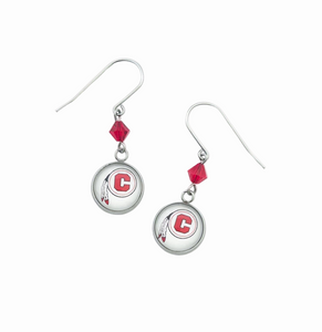 Pair of earrings with circular Chattooga Indians charms, red Swarovski crystal beads, and silver titanium ear wires