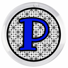 personalized acrylic photo disc with blue P and black patterned background