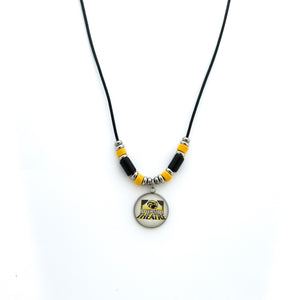 custom Riverside theatre leather cord pendant necklace with black and yellow beads