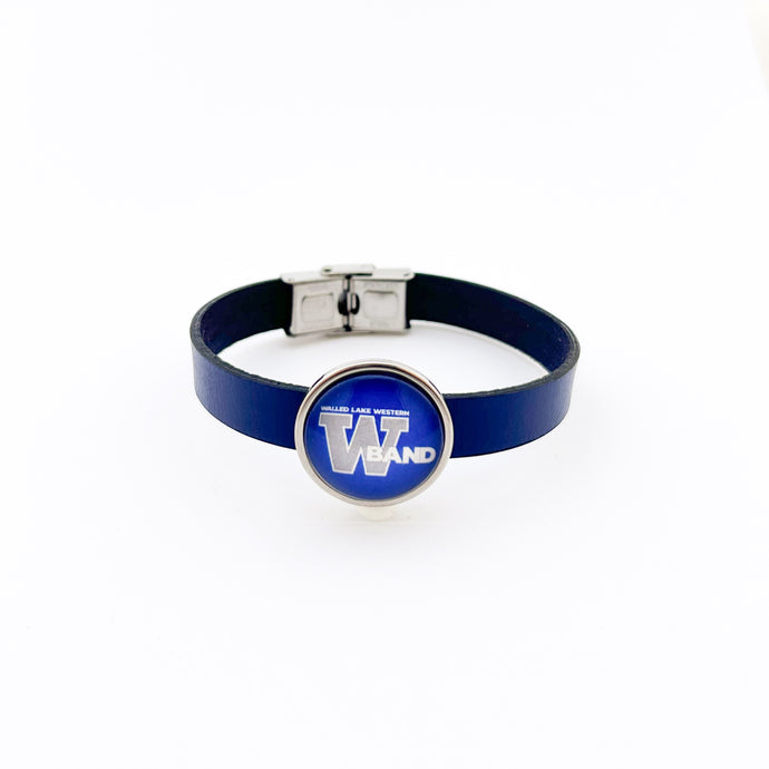 custom walled lake western band slide charm on 10 mm blue leather strap and stainless steel clasp