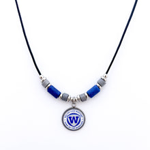 custom walled lake western warriors leather cord necklace with blue and grey ceramic tube beads and stainless steel spacer beads