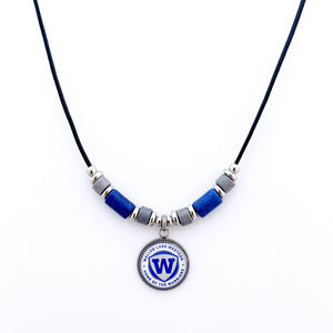 custom walled lake western warriors leather cord necklace with blue and grey ceramic tube beads and stainless steel spacer beads