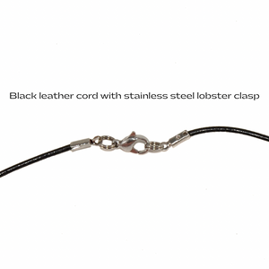 close up of black leather cord with stainless steel lobster clasp