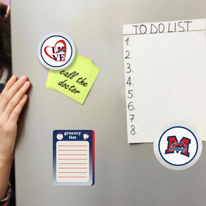 custom McKinney boyd broncos acrylic photo magnets displayed on a refrigerator