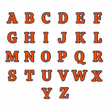 orange and navy capital letters of the alphabet in ribeye font