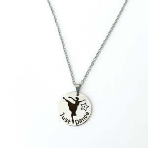 stainless steel "Just Dance" pendant necklace with stainless steel curb chain