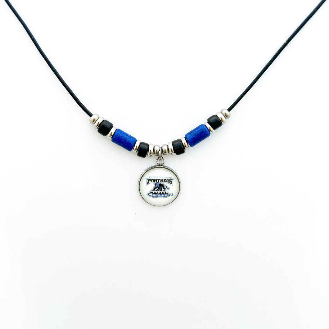 custom River Valley Panthers leather cord pendant necklace with black and blue ceramic tube beads