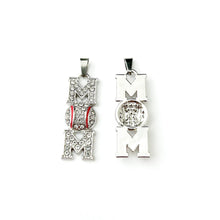 front and back view of a rhinestone encrusted baseball mom pendant charm