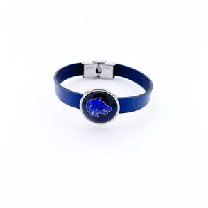 stainless steel plano west blue wolf slide charm on blue leather strap bracelet