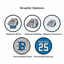 Collection of 5 graphic options with various Belgreen bulldog logos and text fields in blue, black, and white