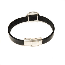 back view of black leather bracelet with stainless steel clasp and round slider charm