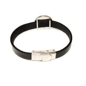 back view of black leather bracelet with stainless steel clasp and round slider charm