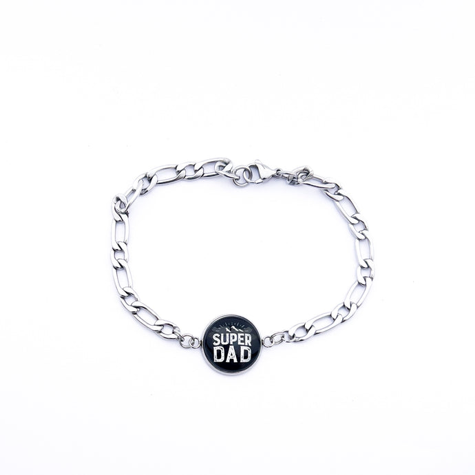 stainless steel mens bracelet with black super dad charm