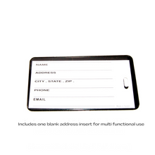 black luggage bag tag with blank address insert card