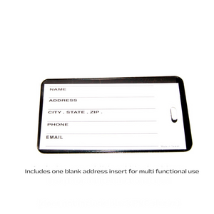 black luggage bag tag with blank address insert card