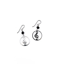 custom stainless steel treble clef hoop charms with black Swarovski crystals and niobium ear wires