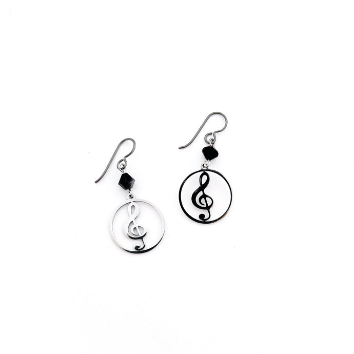 custom stainless steel treble clef hoop charms with black Swarovski crystals and niobium ear wires