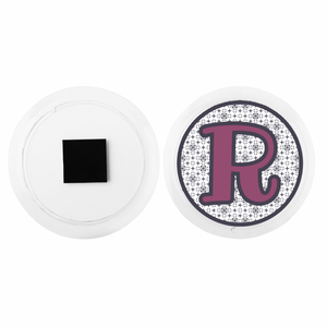personalized acrylic photo disc ornament with a maroon capital R and grey pattern background