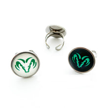custom stainless steel rings featuring green and black rams head logo