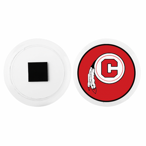 custom acrylic round magnet with the Chattooga C logo red background