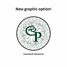 circular graphic in starburst pattern with the Comstock Panthers logo in the center in green, white, and grey