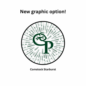 circular graphic in starburst pattern with the Comstock Panthers logo in the center in green, white, and grey