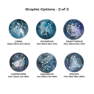 Illustrations of zodiac constellation signs Libra, Scorpius, Sagittarius, Capricorn, Aquarius, and Pisces with corresponding dates on a white background.