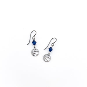 custom stainless steel basketball charm earrings with navy blue Swarovski crystal beads and niobium ear wires