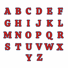 red and navy capital letters of the alphabet in ribeye font
