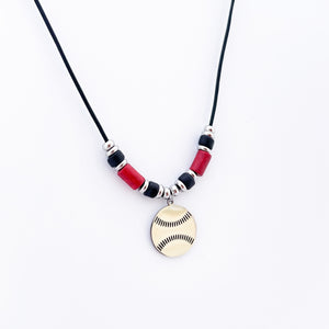 stainless steel baseball pendant necklace with red and black tube beads and stainless steel spacers