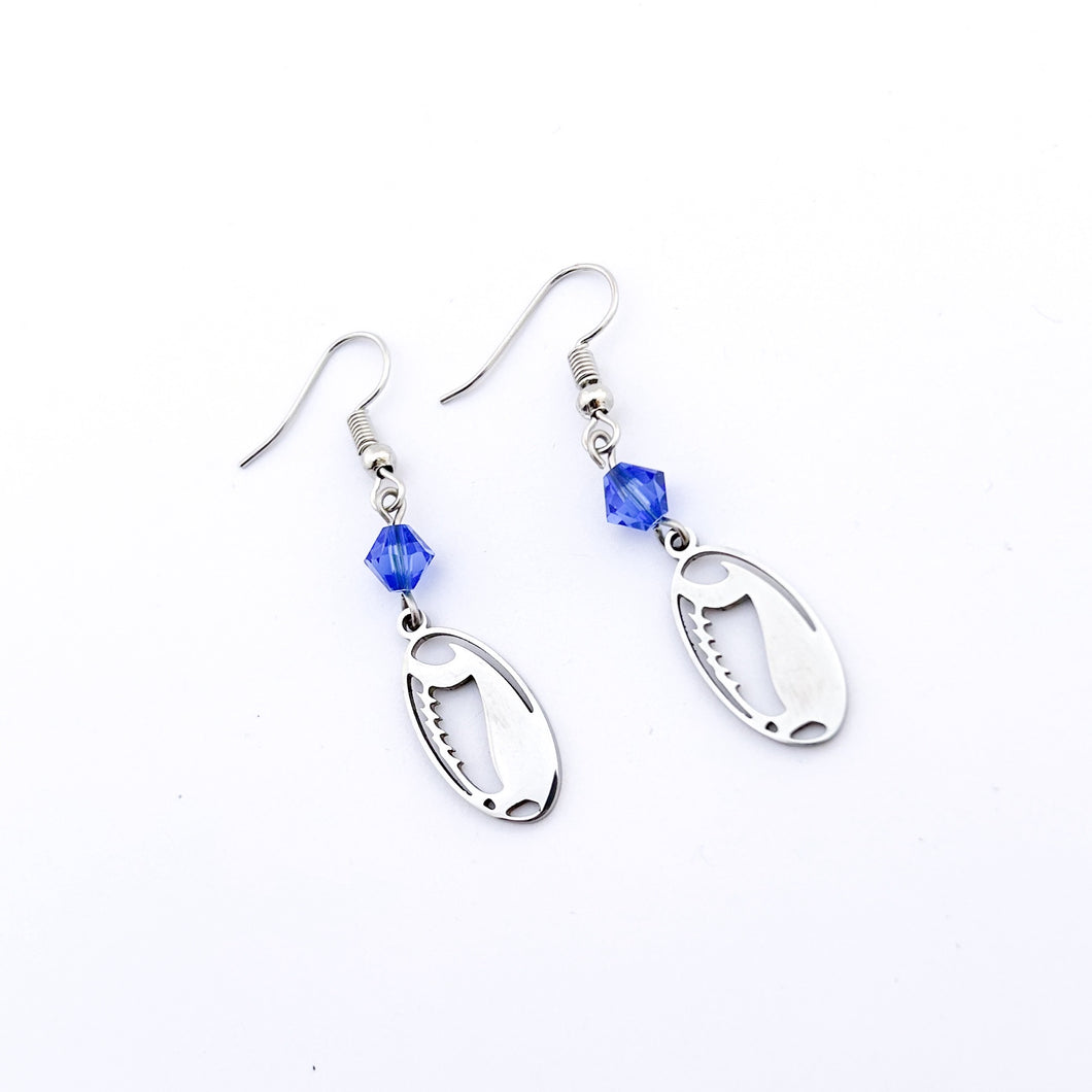 stainless steel football charm earrings with sapphire blue swarovski crystal beads and stainless steel ear wires