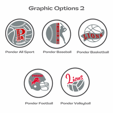 various Ponder high school sports graphics in red white and grey