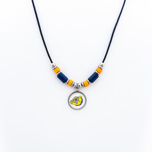 olmsted falls bulldog leather cord necklace with navy and yellow tube beads