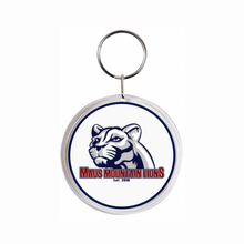 Acrylic keychain with Maus Mountain Lions logo on a white background