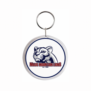 Acrylic keychain with Maus Mountain Lions logo on a white background