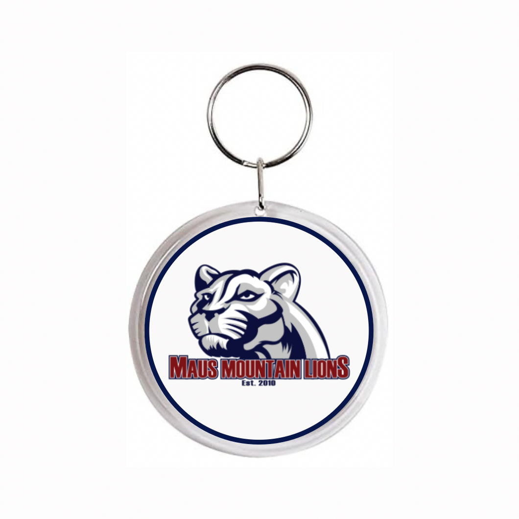 Acrylic keychain with Maus Mountain Lions logo on a white background