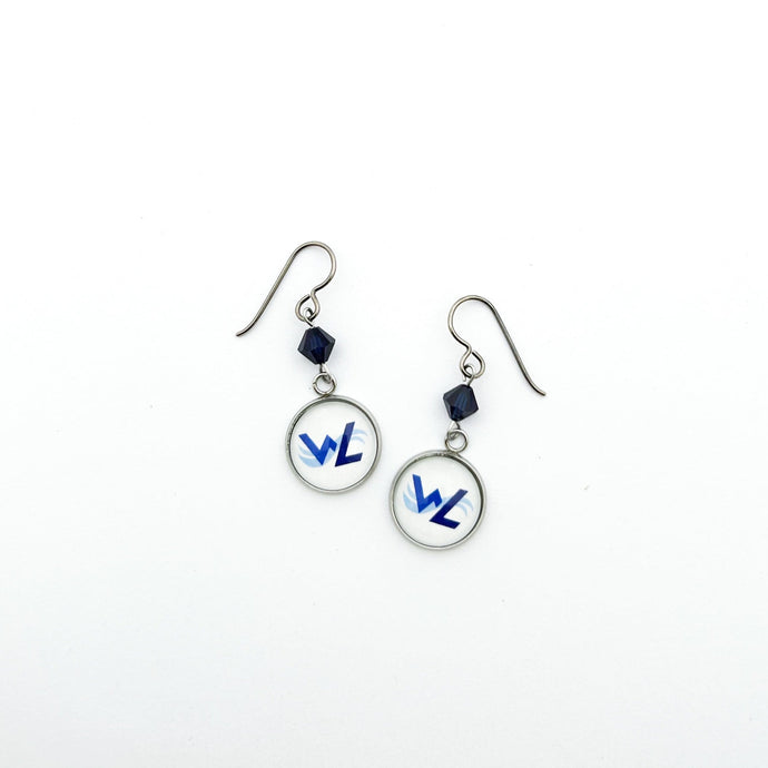 custom walled lake marching band charm earrings with navy blue swarovski crystal beads
