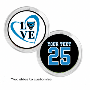 custom personalized river valley panthers acrylic disc ornaments in blue black and white
