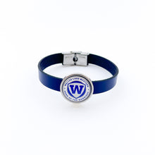 custom walled lake western warriors slide charm on 10 mm blue flat leather and stainless steel clasp 