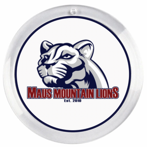 acrylic photo disc with 'Maus Mountain Lions' text log on a white background
