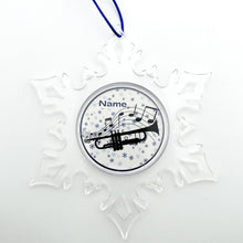 personalized acrylic snowflake ornament with trumpet silhouette graphic