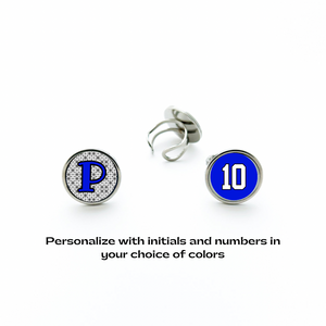 custom personalized stainless steel ring featuring royal blue and black P initial and white number 10