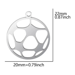 stainless steel soccer ball pendant charm measuring 20 mm or .79 inches round