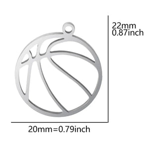Stainless steel basketball pendant, charm, measuring 20 mm or .79 inches round ￼