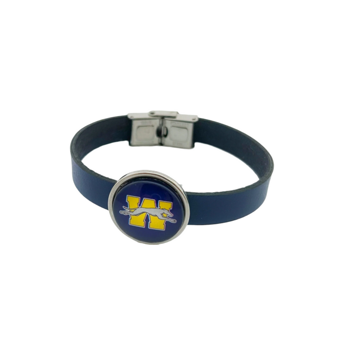 custom wilmington greyhounds blue leather cuff bracelet with stainless steel slide charm and clasp