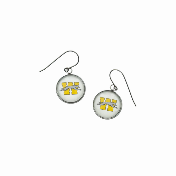 A pair of blue and yellow drop earrings with round stainless steel charms featuring the Wilmington Greyhounds logo.
