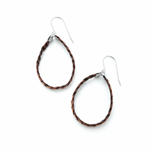pair of brown braided leather hoop earrings on titanium ear wires