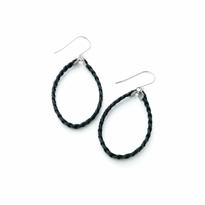 pair of black braided leather hoop earrings on titanium ear wires